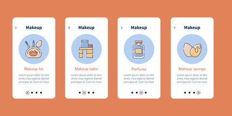Makeup onboarding mobile app screens. Makeup kit, perfume and sponge for skin foundation. Cosmetology steps menu. Set of UI, UX, web template with RGB color linear icons