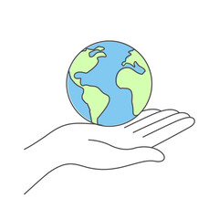 Green earth in open hand. Hand holding globe isolated on white background.