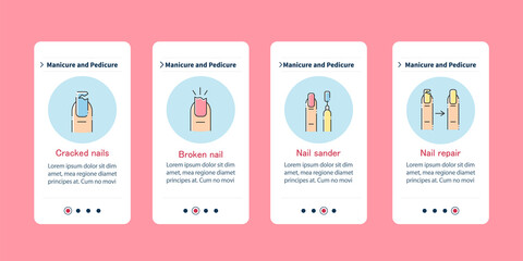  Cosmetology onboarding mobile app screens. Crached nails, repair. Spa procedures. Manicure and pedicure steps menu. Set of UI, UX, web template with RGB color linear icons