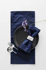 Elegant table setting with flowers on white background
