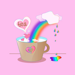 Rainbow drops fall into a cup. Air clouds. Tea with milk.