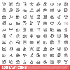 100 law icons set. Outline illustration of 100 law icons vector set isolated on white background
