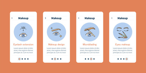 Makeup onboarding mobile app screens. Eyelash extension, microblading, eye makeup. Cosmetology steps menu. Set of UI, UX, web template with RGB color linear icons