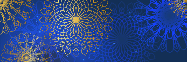 Mandala pattern blue and gold colorful wide banner design background