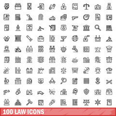 100 law icons set. Outline illustration of 100 law icons vector set isolated on white background