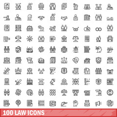 100 law icons set. Outline illustration of 100 law icons vector set isolated on white background - obrazy, fototapety, plakaty