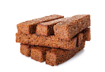 Tasty rye croutons on white background