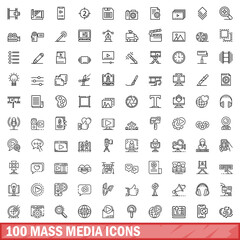 100 mass media icons set. Outline illustration of 100 mass media icons vector set isolated on white background