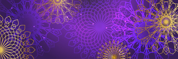 Mandala pattern purple and gold colorful wide banner design background