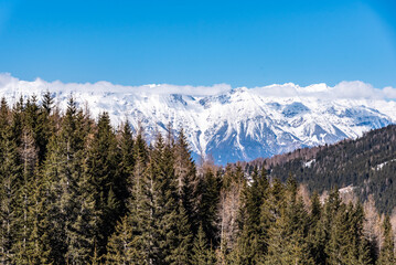 Wald und Berge mit Schnee, Blick vom Stubaital auf die Nordkette bei blauem Himmel