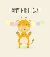 Birthday Party, Greeting Card, Party Invitation. Kids illustration with Cute Giraffe. Vector illustration in cartoon style.