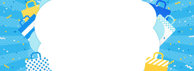 バナー向け　ショッピングバッグ×集中線×紙吹雪の水色フレーム（横長）