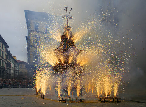 Lighted "Fire carriage" in easter parade celebration, Florence, Italy. Celebration "Scoppio del Carro" happends every year.