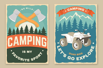 Set of camping retro posters. Vector illustration. Concept for shirt or logo, print, stamp, patch or tee. Vintage typography design with camping tent, quad bike, forest and mountain silhouette. © sivvector