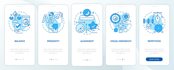 Graphic design principles blue onboarding mobile app screen. Art work walkthrough 5 steps graphic instructions pages with linear concepts. UI, UX, GUI template. Myriad Pro-Bold, Regular fonts used