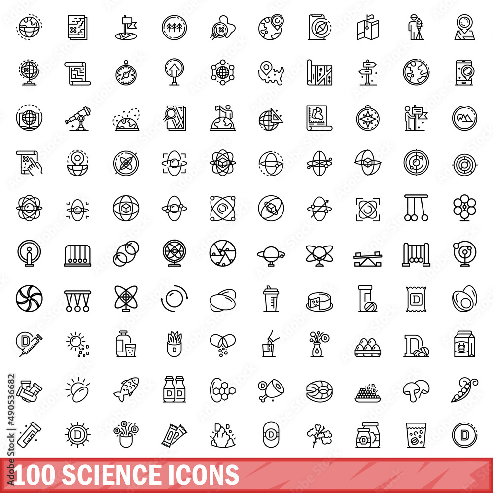 Poster 100 science icons set. outline illustration of 100 science icons vector set isolated on white backgr