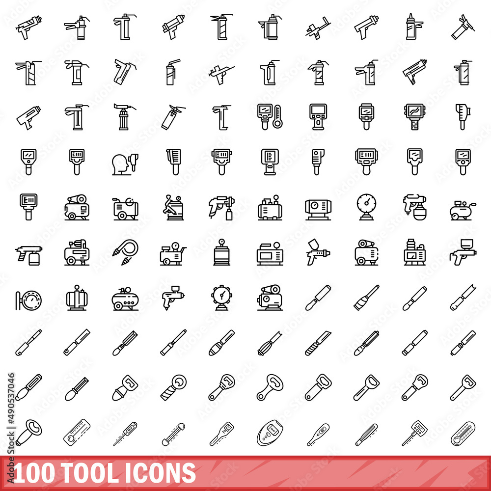 Poster 100 tool icons set. outline illustration of 100 tool icons vector set isolated on white background