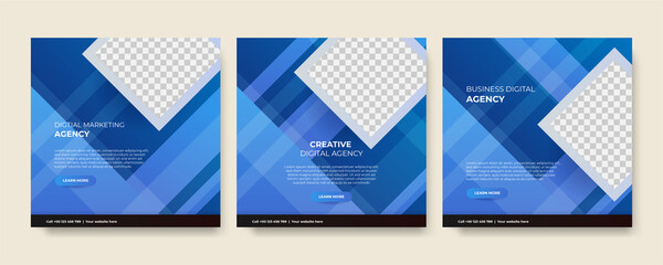 Digital marketing agency social media post template design. Modern blue corporate banner, poster flyer with abstract geometric background. Online or web business promotion banner with company logo.