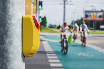 Close-up of a pedestrian crossing traffic light switch. Against the background of people and green.