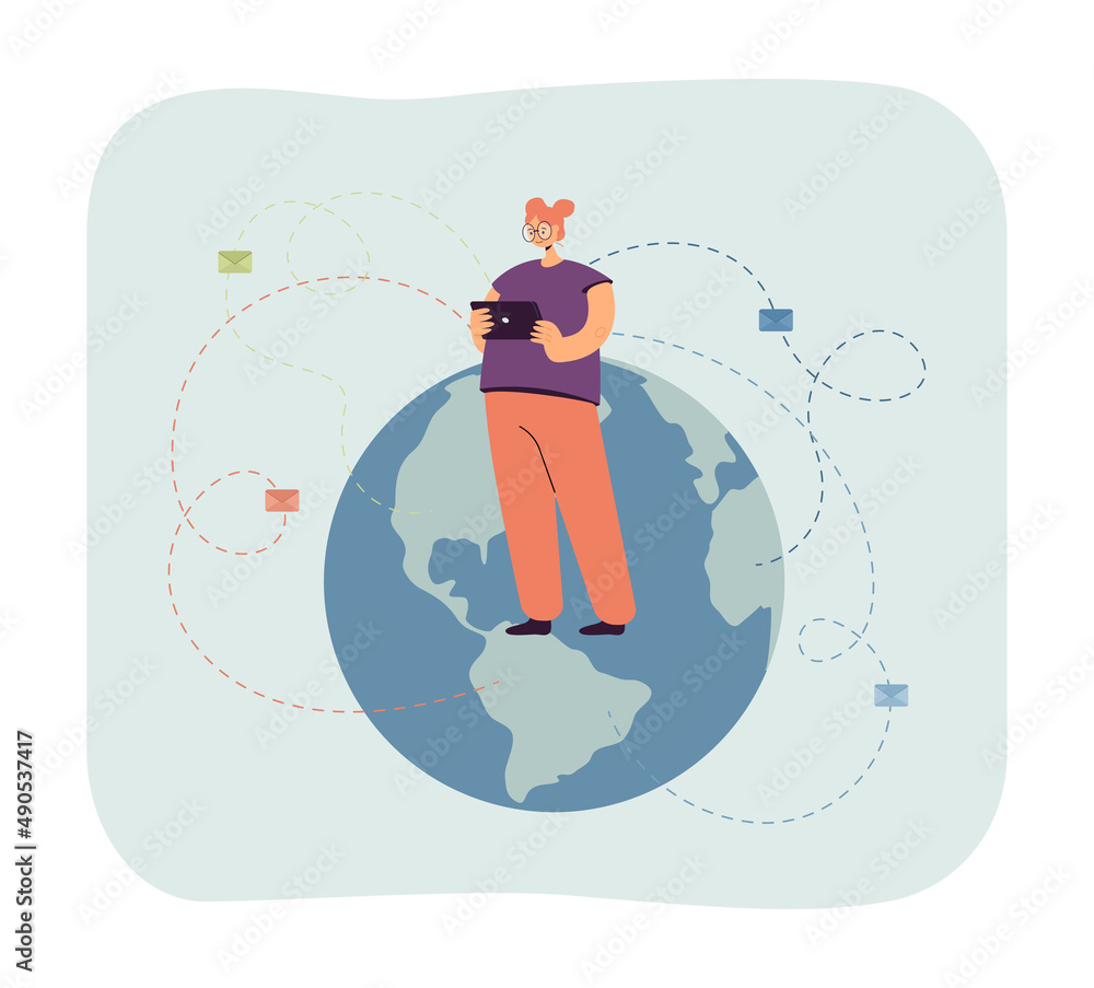 Poster girl with tablet sending messages around world. female character in front of globe flat vector illus