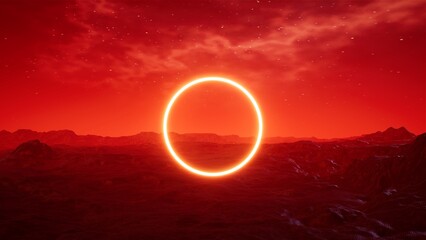 Glowing Red Circle Light on the Red Foggy Planet 3D Rendering © shufilm