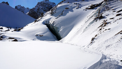 A huge crack in the ice. The entrance to the cave. Top view from a drone. The place of the break...