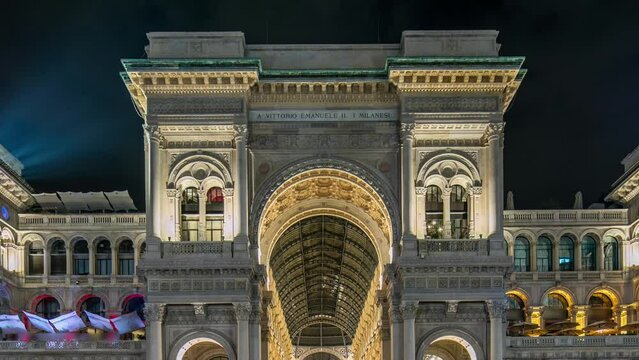 Night view of Vittorio Emanuele II Gallery timelapse in Milan, Italy