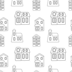 Vector seamless pattern with small cartoon houses on white background. Outline illustration for wallpaper, wrapping paper, background, fabric, textile, colouring.