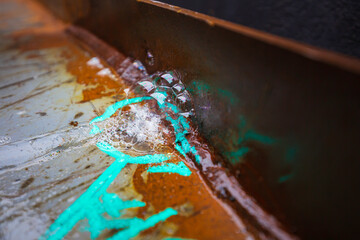 Weld of bubble air leak test pressure pontoon roof deck tank.