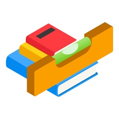 Repair education icon isometric vector. Yellow building level on stack of book. Learning, studying, construction industry education