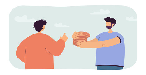Male character borrowing money from friend or bank. Man holding stack of gold coins flat vector illustration. Debt or loan, finances concept for banner, website design or landing web page - obrazy, fototapety, plakaty