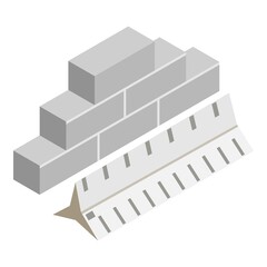 Naklejka premium Measuring tool icon isometric vector. Three sided ruler near brick stack icon. Construction, building, repair