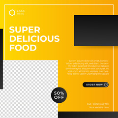 Fototapeta premium Fast food restaurant business marketing social media post or web banner template design with abstract background, logo and icon. Healthy food delivery online sale promotion flyer or poster.