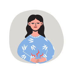 Woman holding hands on her stomache. Abdominal pain, stomachache. Flat vector illustration. Healthcare, pain, sickness, disease concept, isolated on a white background