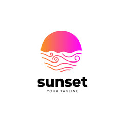 Sunset and Ocean Wave Icon Logo Design Template