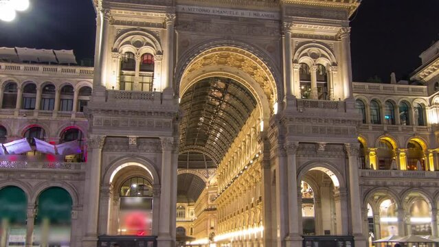 Night view of Vittorio Emanuele II Gallery timelapse hyperlapse in Milan, Italy