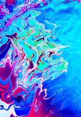 Pink and blue marble background. Acrylic paint flows freely and creates an interesting pattern. Background for the cover of a notebook, laptop, book.
