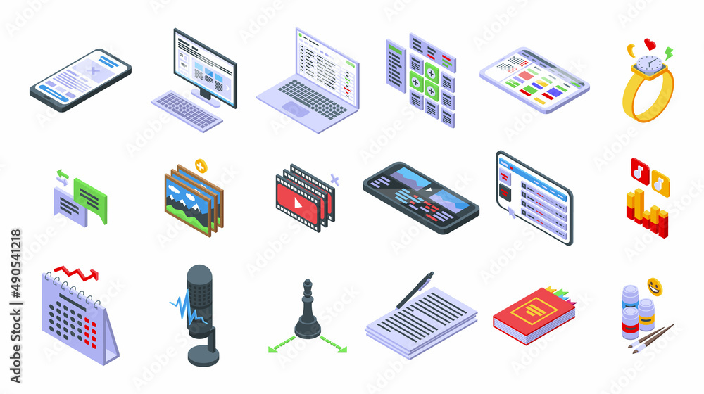 Poster content plan icons set isometric vector. website code. web computer