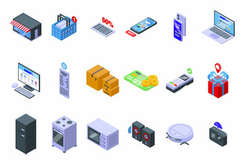 Technology store icons set isometric vector. Electronic mobile. Shop pay