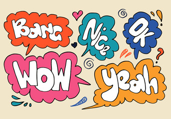 Obraz premium Hand drawn arrows, borders set with handwritten text:yeah,bang,ok,nice,wow. Vector icon.
