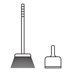 Manual broom and scoop for cleaning. Black and white icon. Illustration