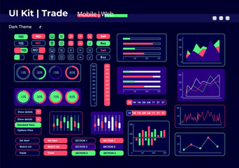 Sales performance insights UI elements kit. Commerce isolated vector dashboard components. Flat interface buttons template. Web design widget collection for mobile application with dark theme