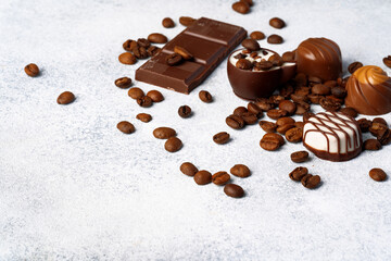 Various chocolate praline candies assortment close up