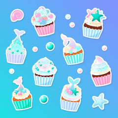Set of mermaid cupcake stickers. Illustrations of birthday sweet muffins decorated with cream, pearl sprinkles and mermaid tail. Vector 10 EPS.