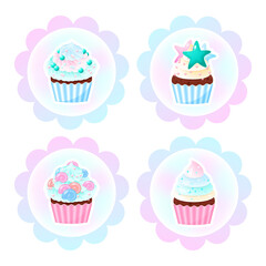 Set of cute birthday cupcake toppers. Illustrations of sweet muffins decorated with cream, pearl sprinkles and mermaid tails. Vector 10 EPS.