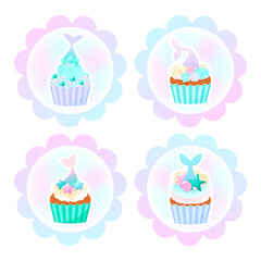 Set of cute birthday cupcake toppers. Illustrations of sweet muffins decorated with cream, pearl sprinkles and mermaid tails. Vector 10 EPS.