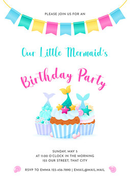 Mermaid party invitation template. Illustration of birthday cupcake decorated with cream, pearl sprinkles and mermaid tails. Birthday concept. Vector 10 EPS.