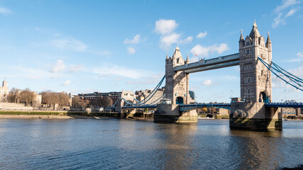 London Tower Bridge. A view from the south bank of the famous landmark crossing the River Thames on a cold but sunny winters day.