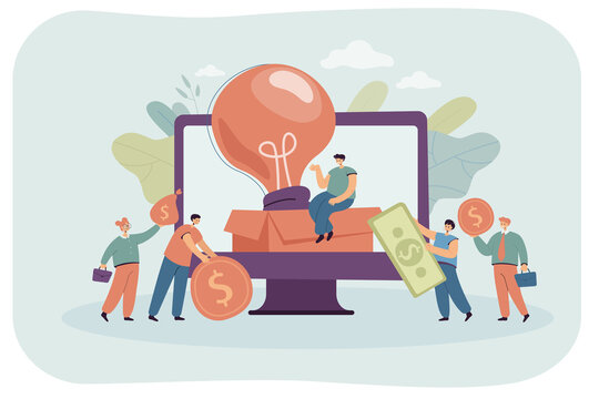Tiny sponsors giving donations to startup project. Person raising money online, financial growth flat vector illustration. Crowdfunding, internet, cooperation concept for banner or website design