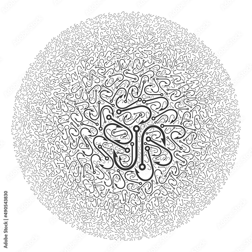 Poster fish hook elements are grouped into spheric group. fish hook icon spheric mosaic. abstract spheric c